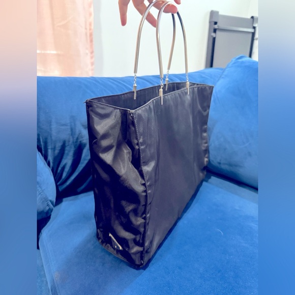 PRADA Hand Bag Triangle Plate Nylon Black Metal Handle Tote - Picture 1 of 15
